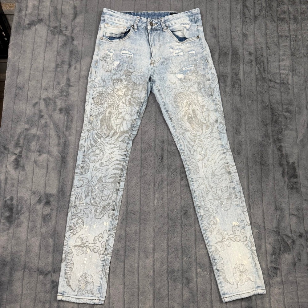 Smoke Rise Mens Light Wash Tiger Graphic Distressed Slim Fit Jeans 30x32